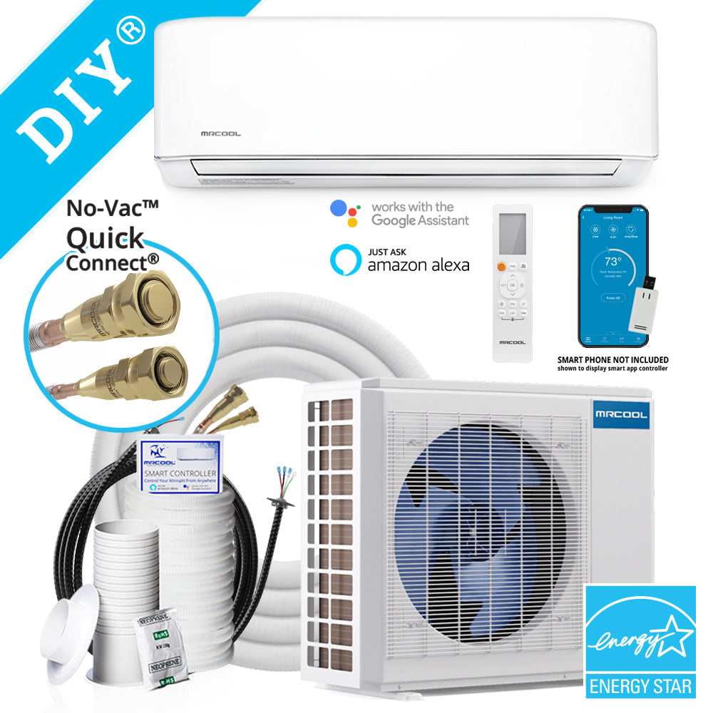 Complete white ductless mini-split system with wall air handler, line set, and controller
