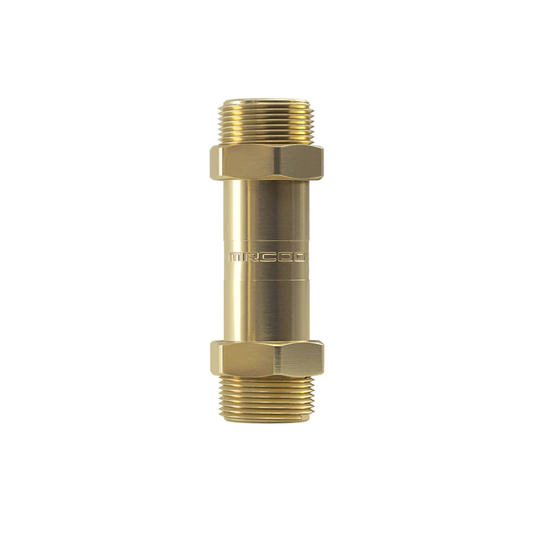Gold straight coupler fitting with threaded ends and hex collar.