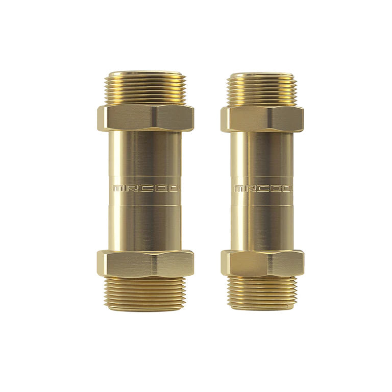 Two brass threaded couplers with hex ends, dual end connectors for A/C line set.