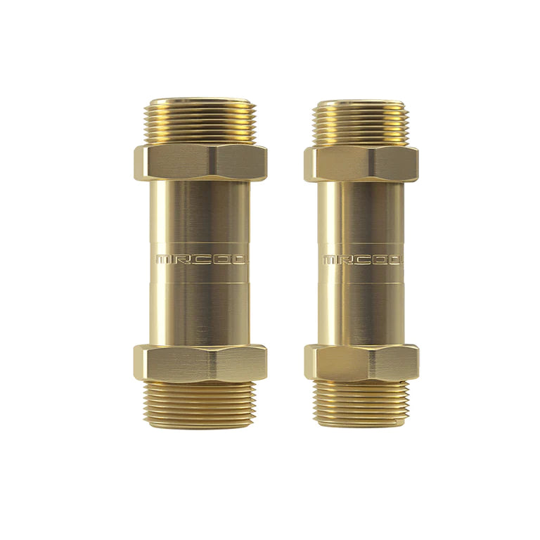 Two gold straight coupler fittings with threaded ends and hex collars.