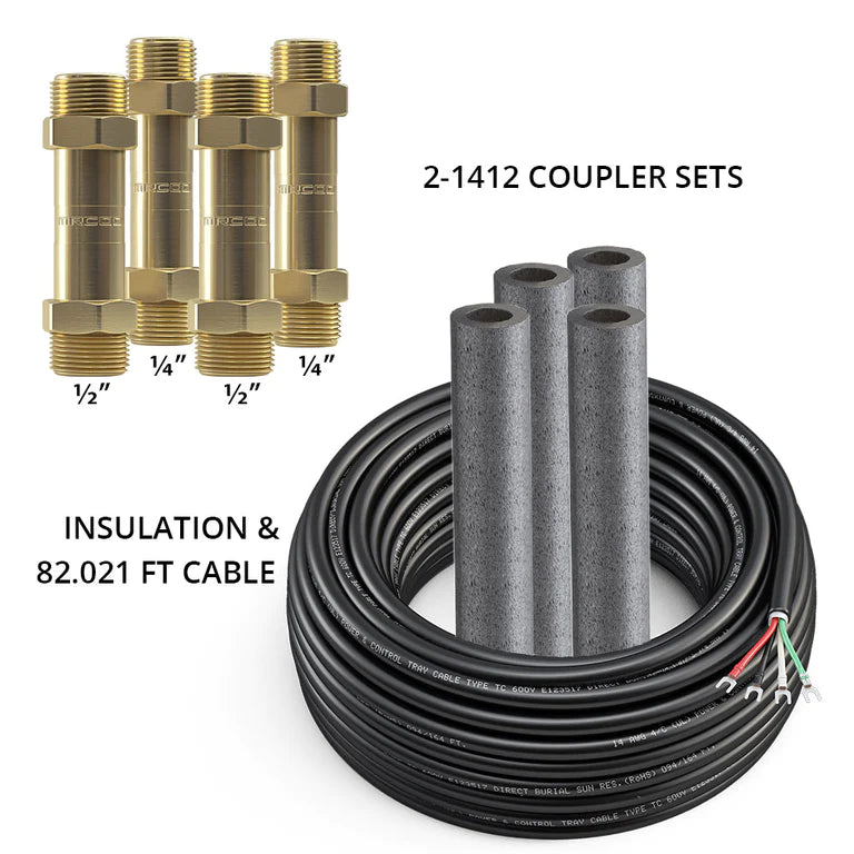 HVAC line set kit with black insulated cable, gray foam inserts, and gold couplers.