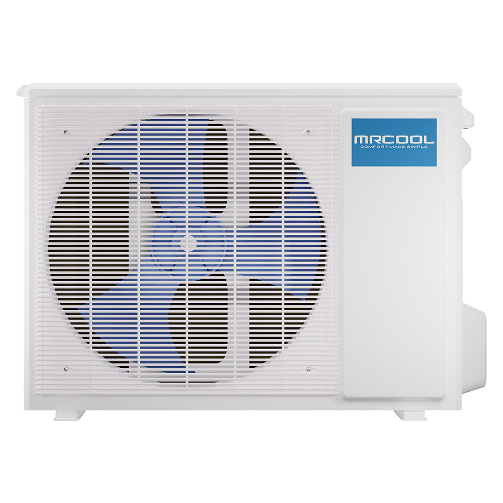 White outdoor ductless mini-split heat pump unit front view with louvered panel