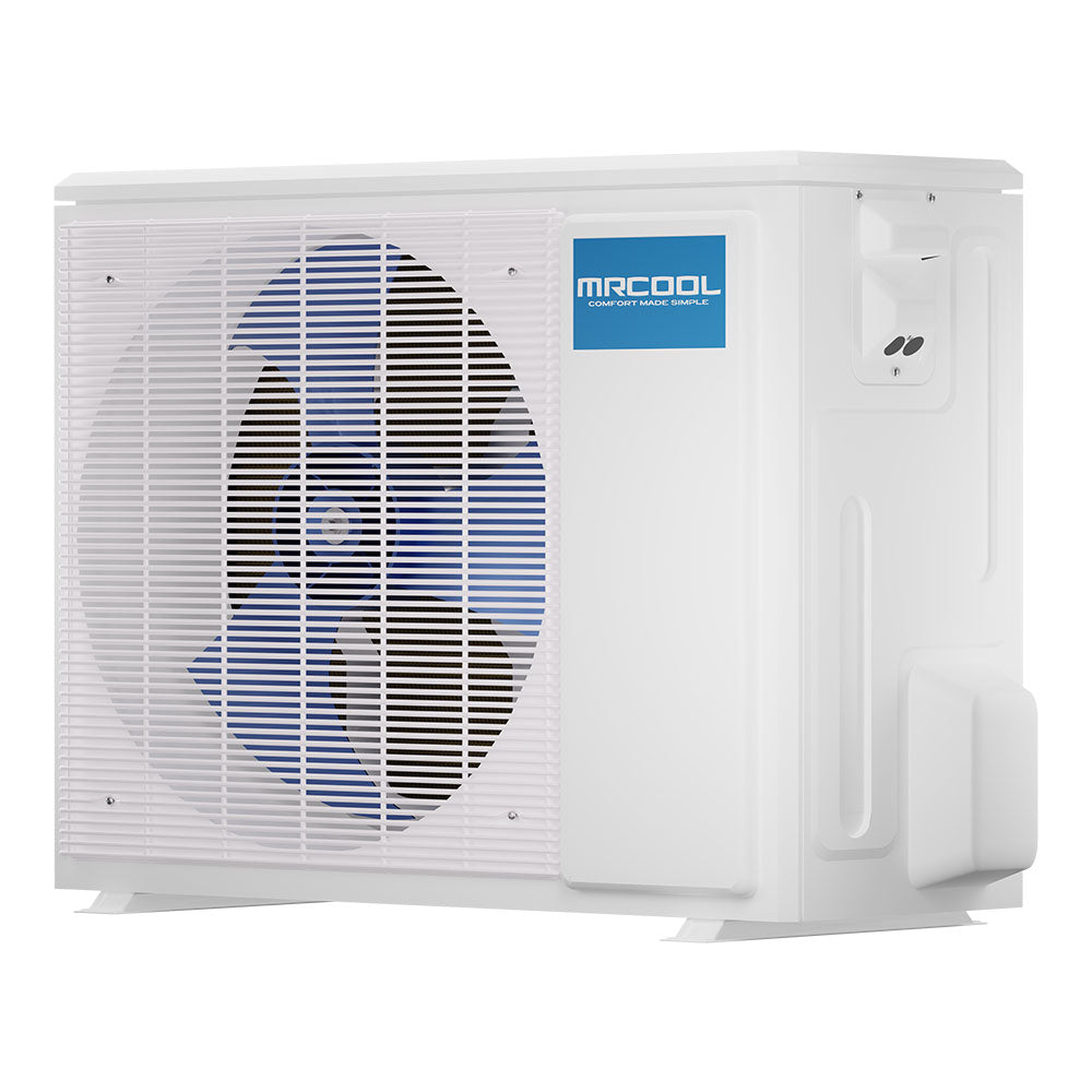White outdoor ductless mini-split heat pump unit with louvered fan grille