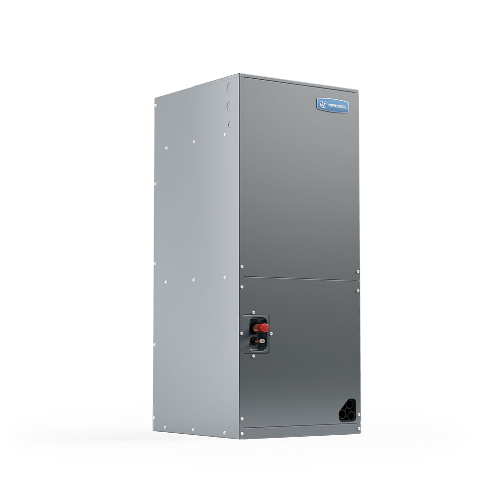 Gray air handler cabinet with electrical control panel and service ports