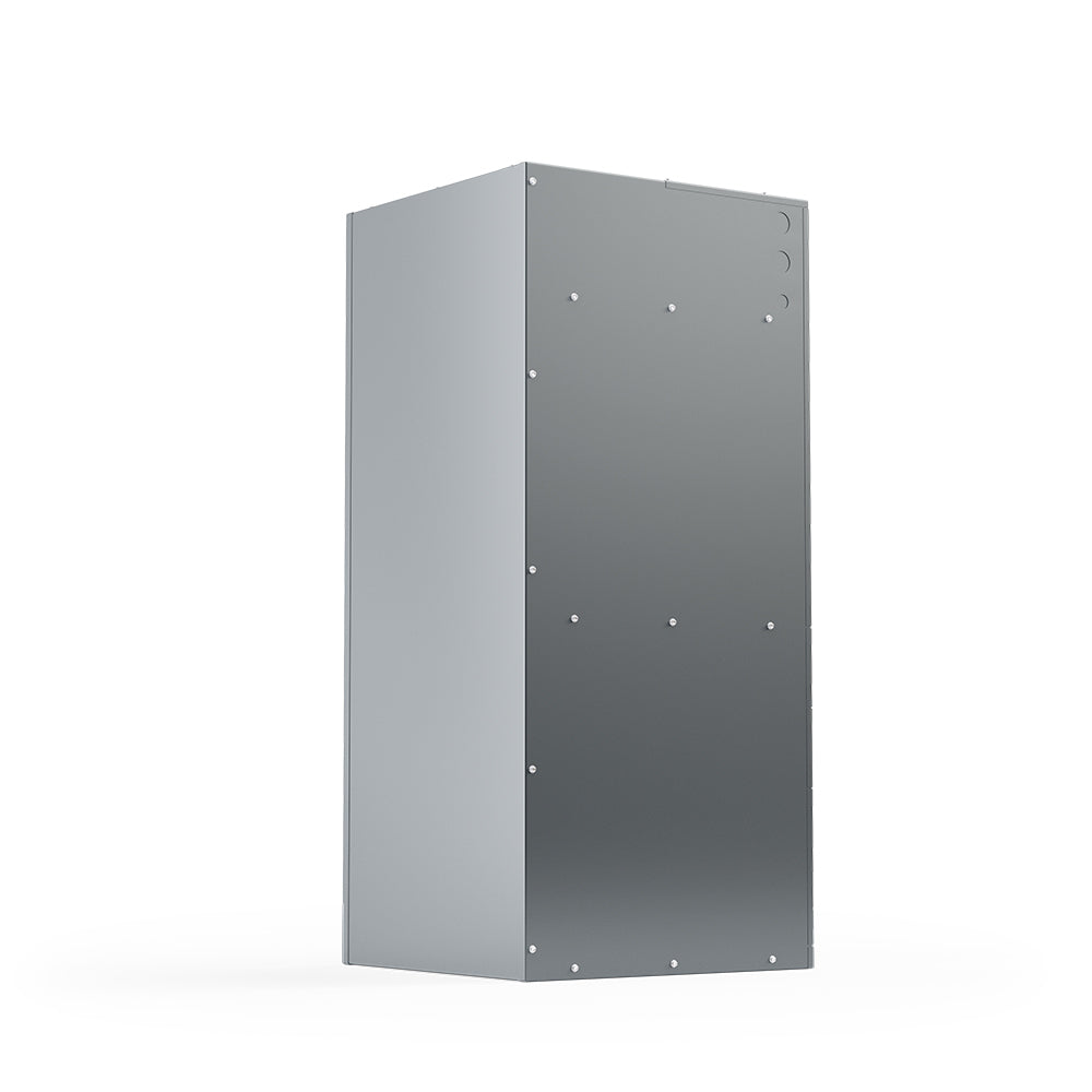 Gray metal air handler cabinet with mounting holes, front control area not shown