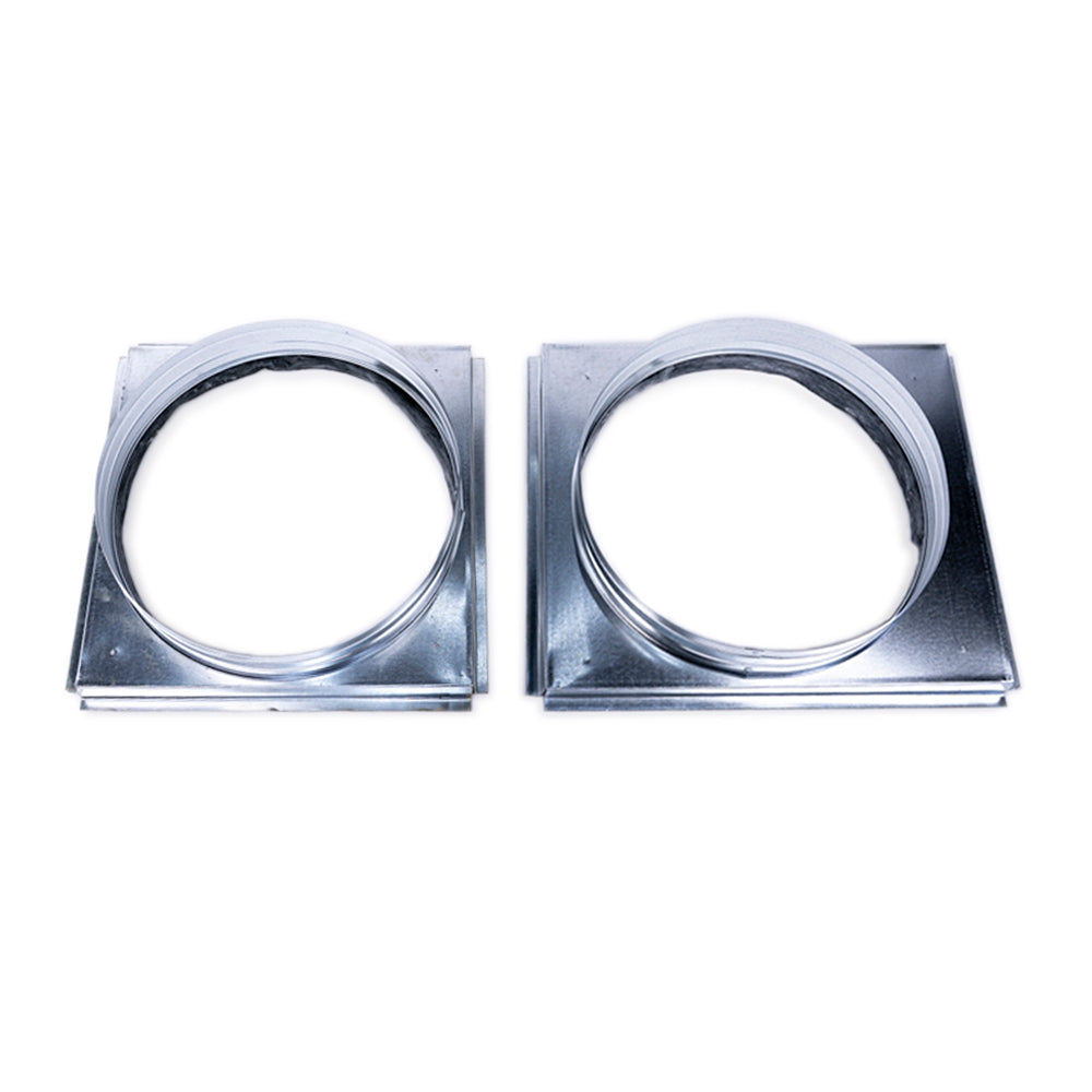HVAC square-to-round duct adapter rings, two silver metal mounting frames