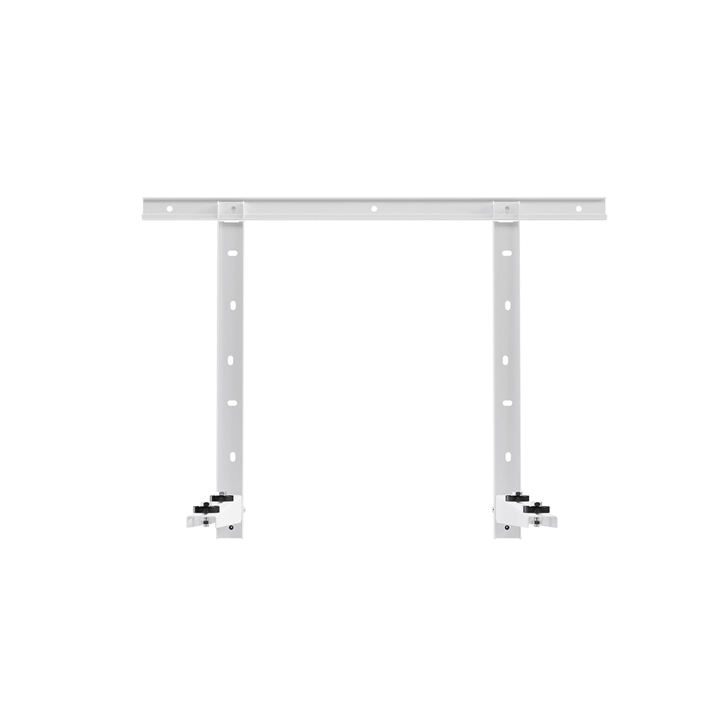 White metal condenser wall mounting bracket with long top bar and two mounting brackets