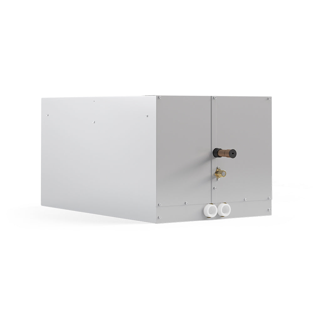 White cased evaporator coil cabinet with side ports and two white tubing connectors