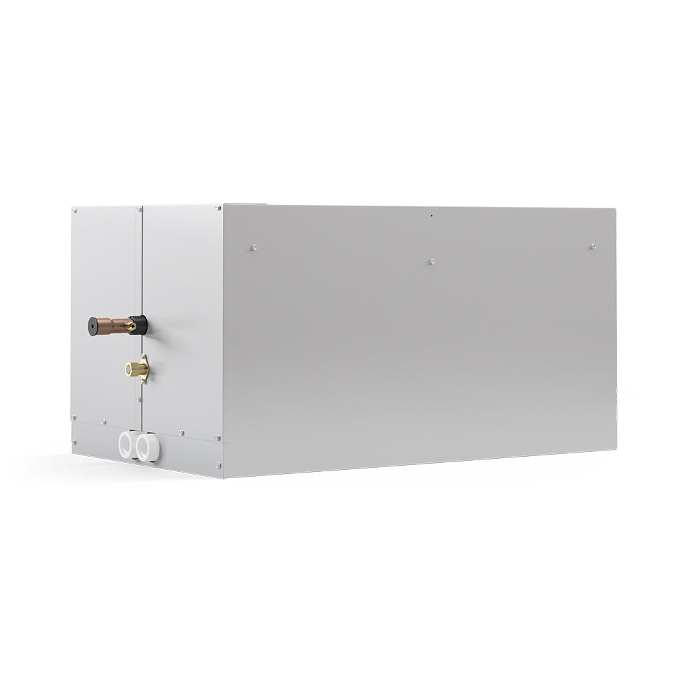 Gray metal evaporator coil cabinet with side fittings and two white drain outlets