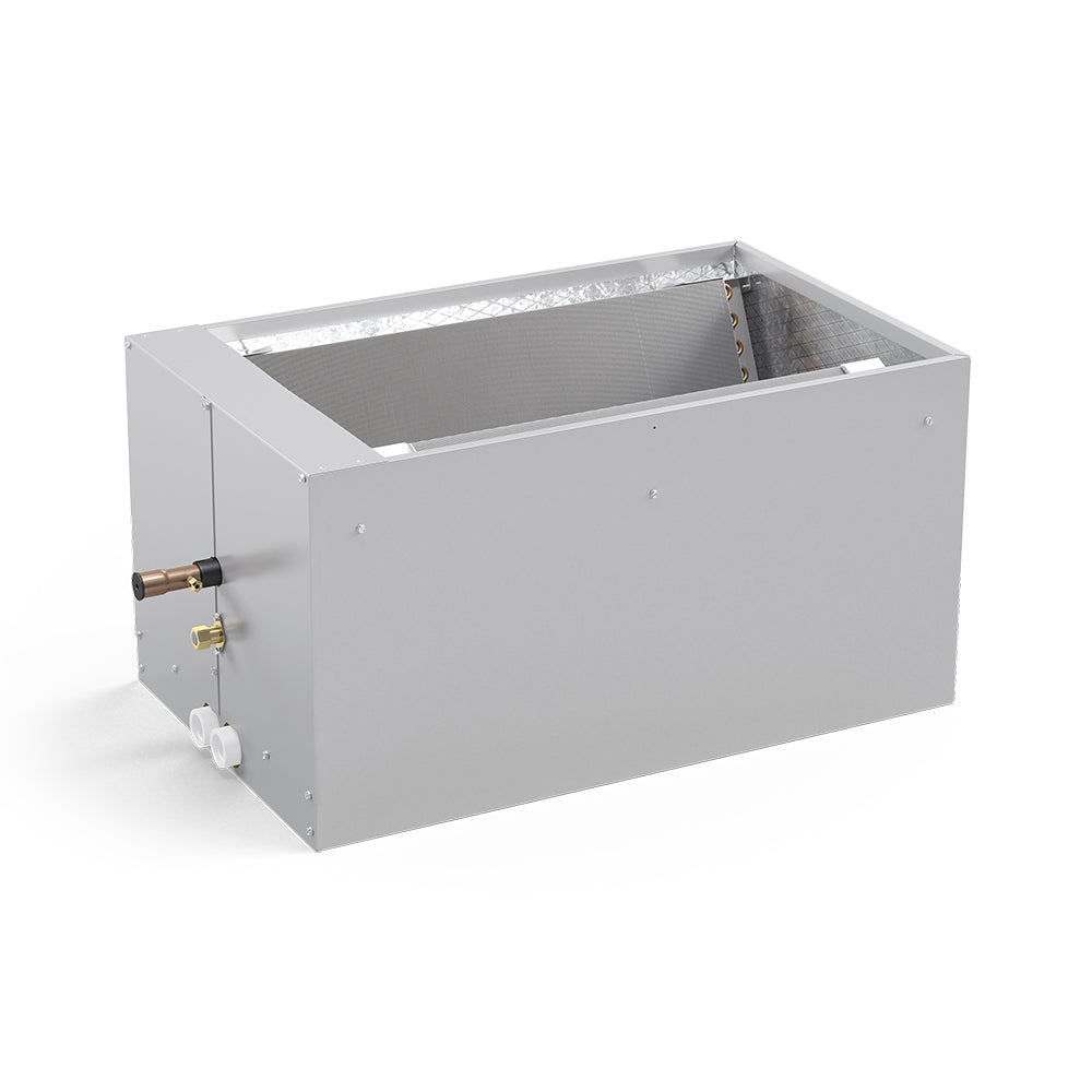 Downflow cased evaporator coil in gray metal cabinet with side service ports visible.