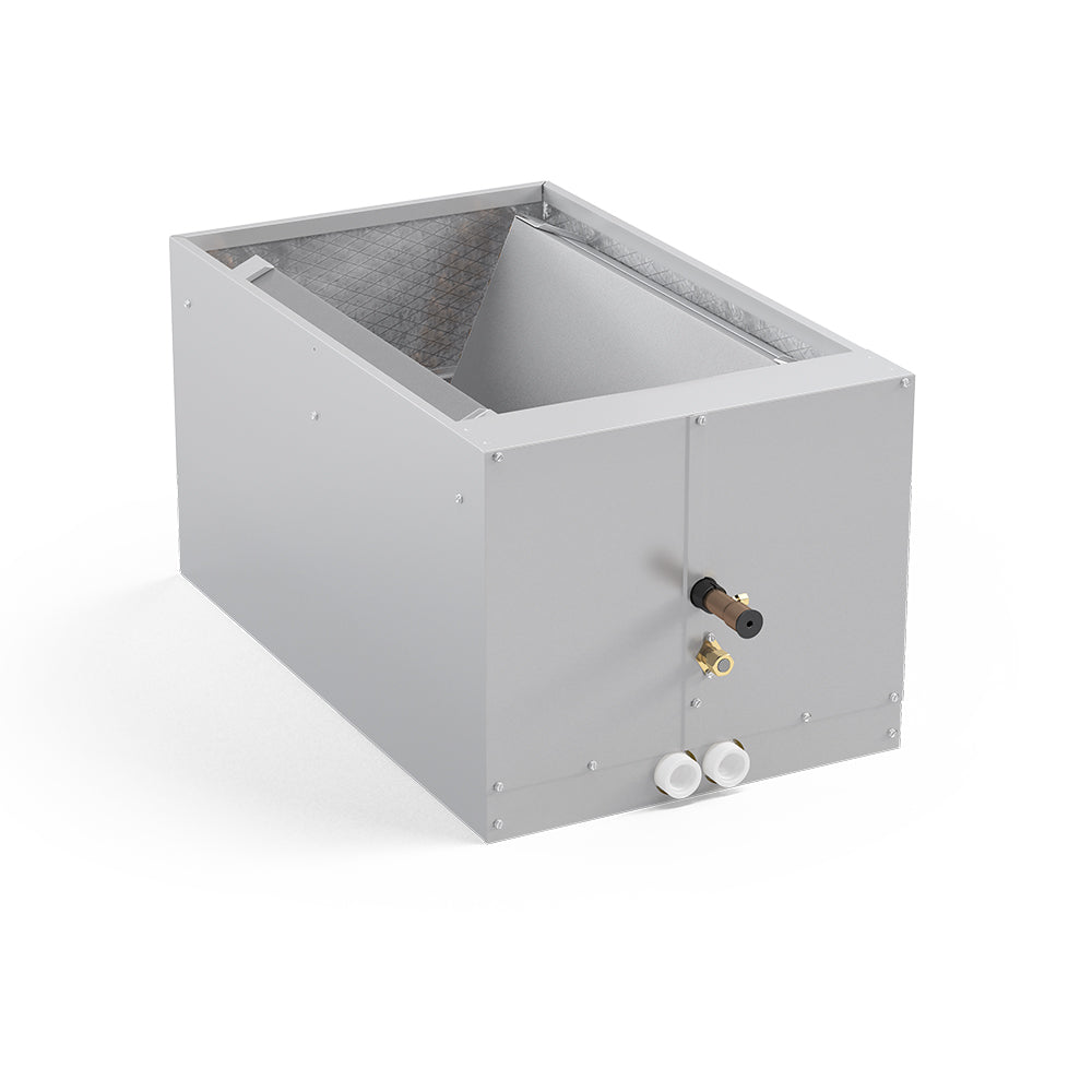 Downflow cased evaporator coil with gray metal cabinet and open top air inlet.