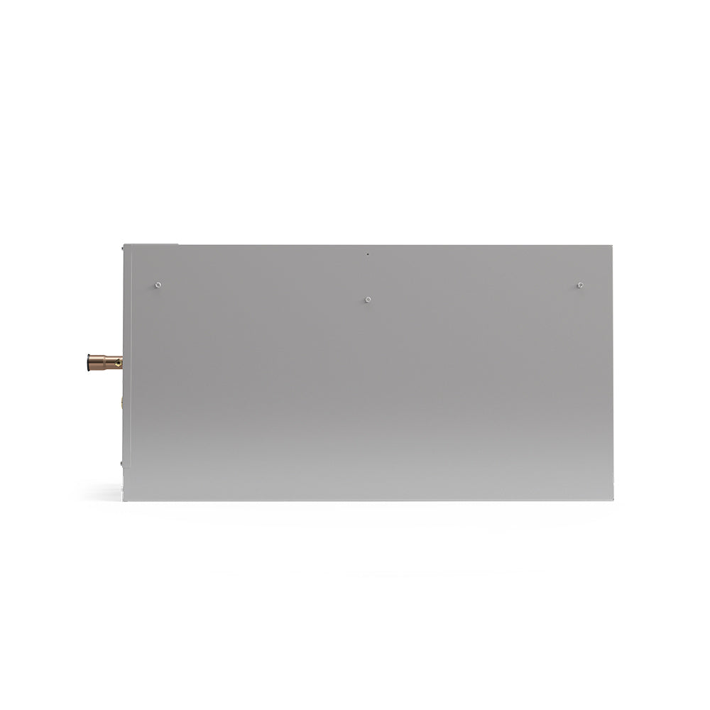 Gray cased evaporator coil unit side view with visible mounting screws.