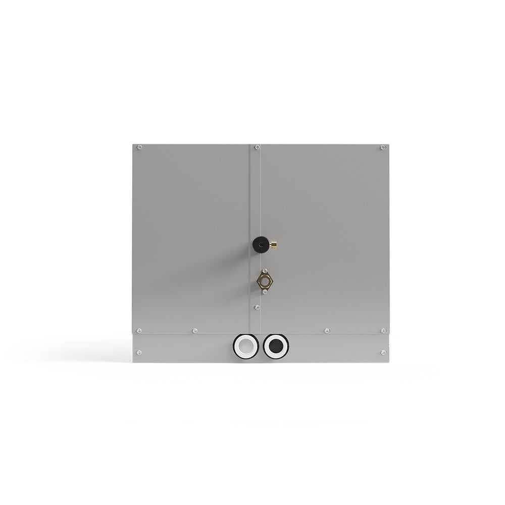 White cased evaporator coil cabinet front panel with two hose ports and sensor/capped fitting
