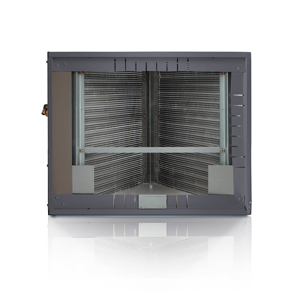 Gray cased evaporator coil cabinet with exposed finned coil and mounting frame