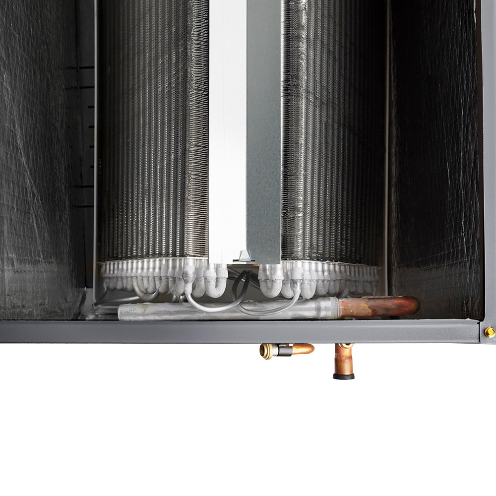 Indoor evaporator coil with finned tubing and connected refrigerant lines
