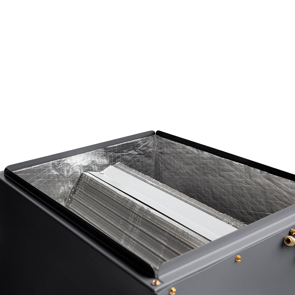Cased evaporator coil top view with insulated air passages and finned heat exchanger