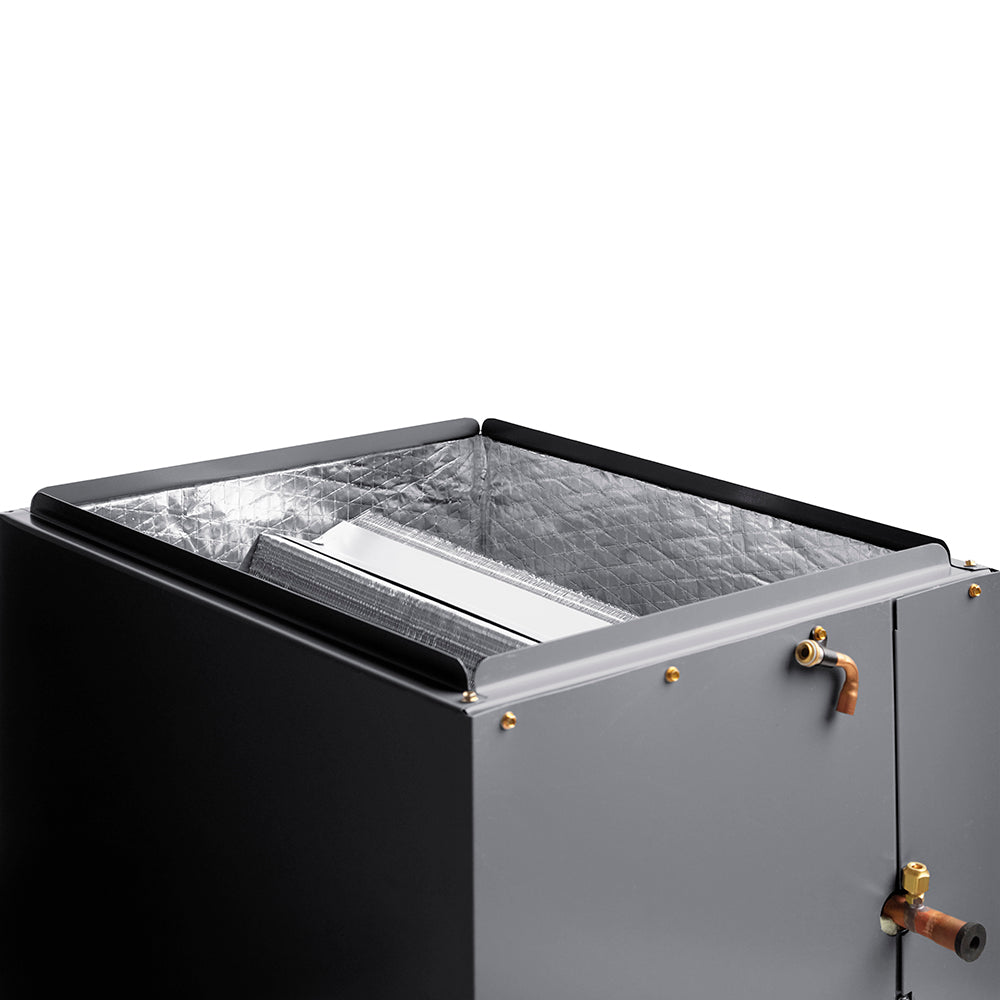 Cased evaporator coil unit with insulated top and side refrigerant connection ports