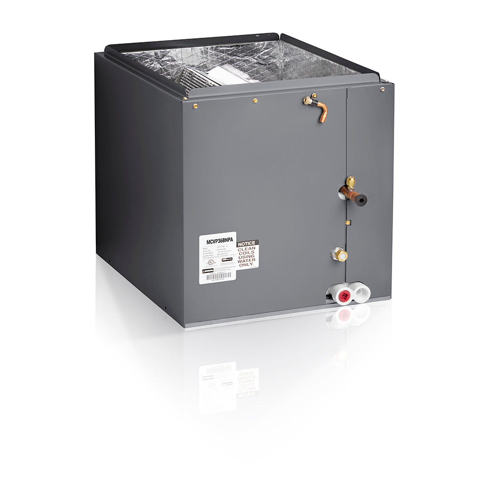 Cased evaporator coil unit with side label, valves, and insulated top compartment