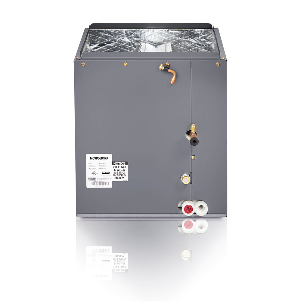 Cased evaporator coil unit with label, refrigerant fittings, and two white drain connections