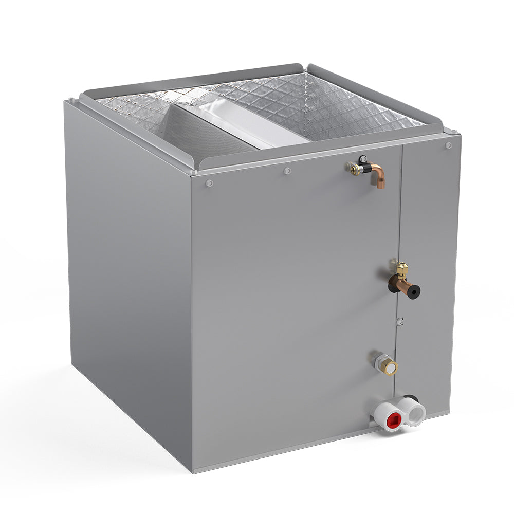 MRCOOL cased evaporator coil, gray cabinet with refrigerant service fittings on side