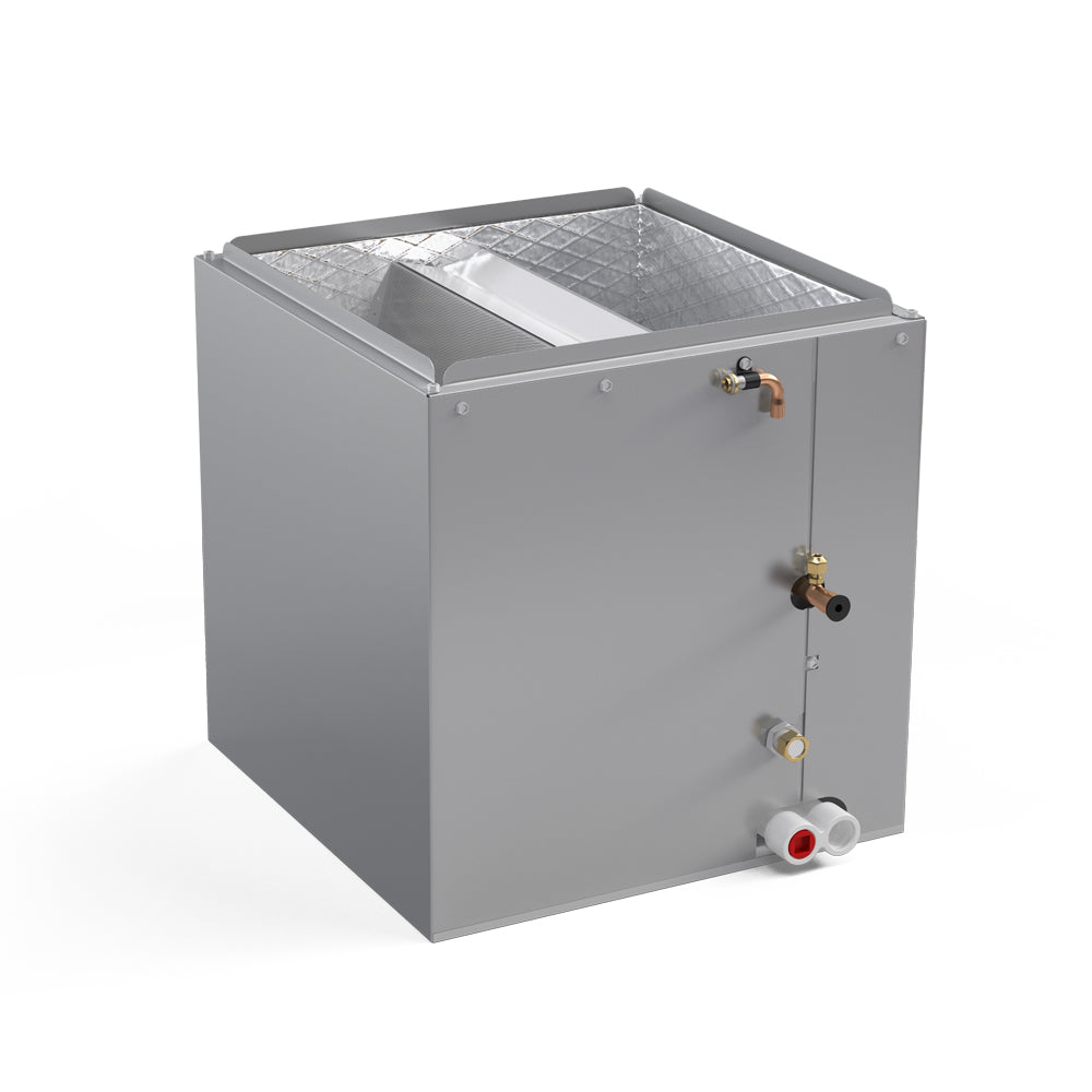 Cased upflow evaporator coil unit with insulated top and front lower connections