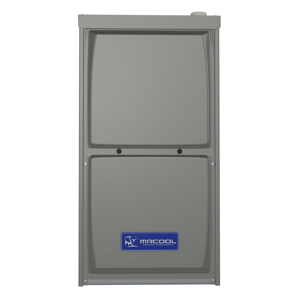 MRCOOL gas furnace cabinet with front access panels and blue MRCOOL logo