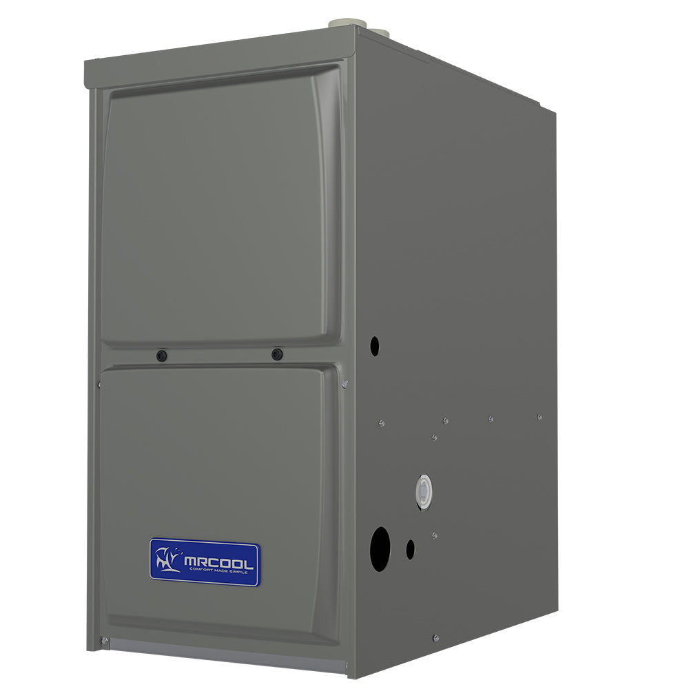 MRCOOL gas furnace cabinet angled view with blue logo and ventilation openings