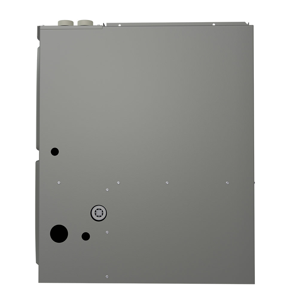 Gray gas furnace cabinet with circular indicator and control access holes