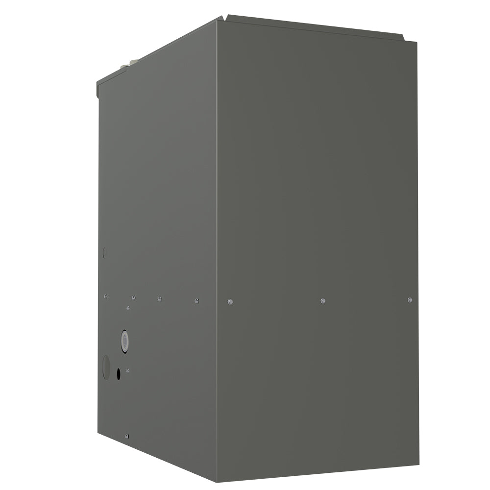 Gray gas furnace side panel with service holes and small round vent opening