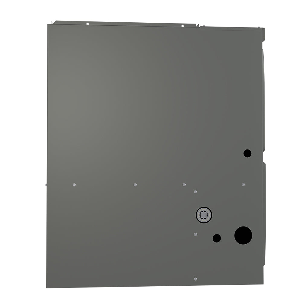Gray gas furnace cabinet rear view with control dial and circular knockouts
