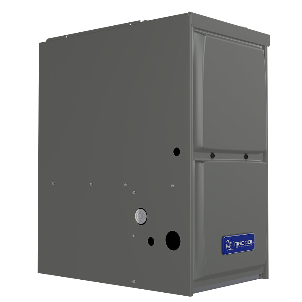 Gray gas furnace cabinet corner view with MRCOOL badge and access door window