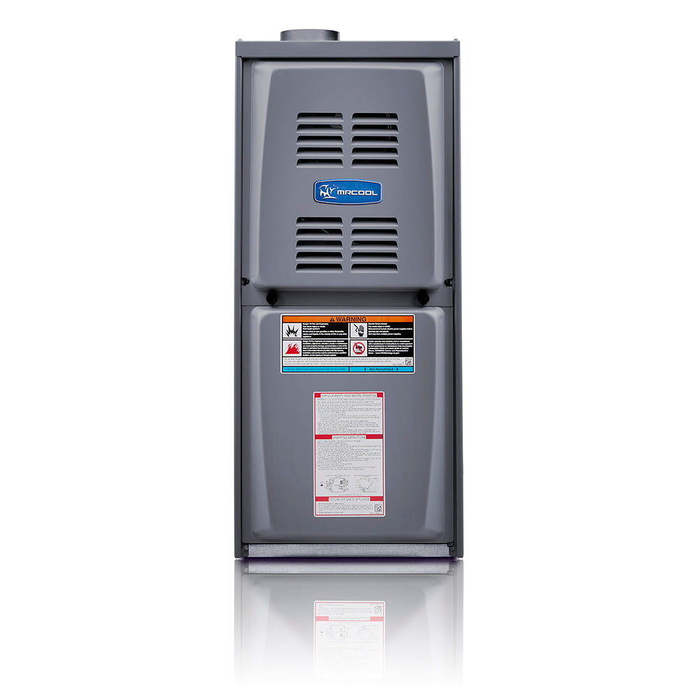 Downflow gas furnace in gray cabinet, top and lower vent grilles visible