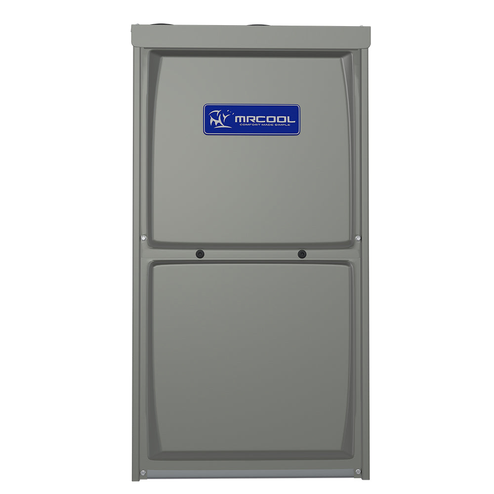 MRCOOL gas furnace cabinet, gray steel with front service door and blue logo