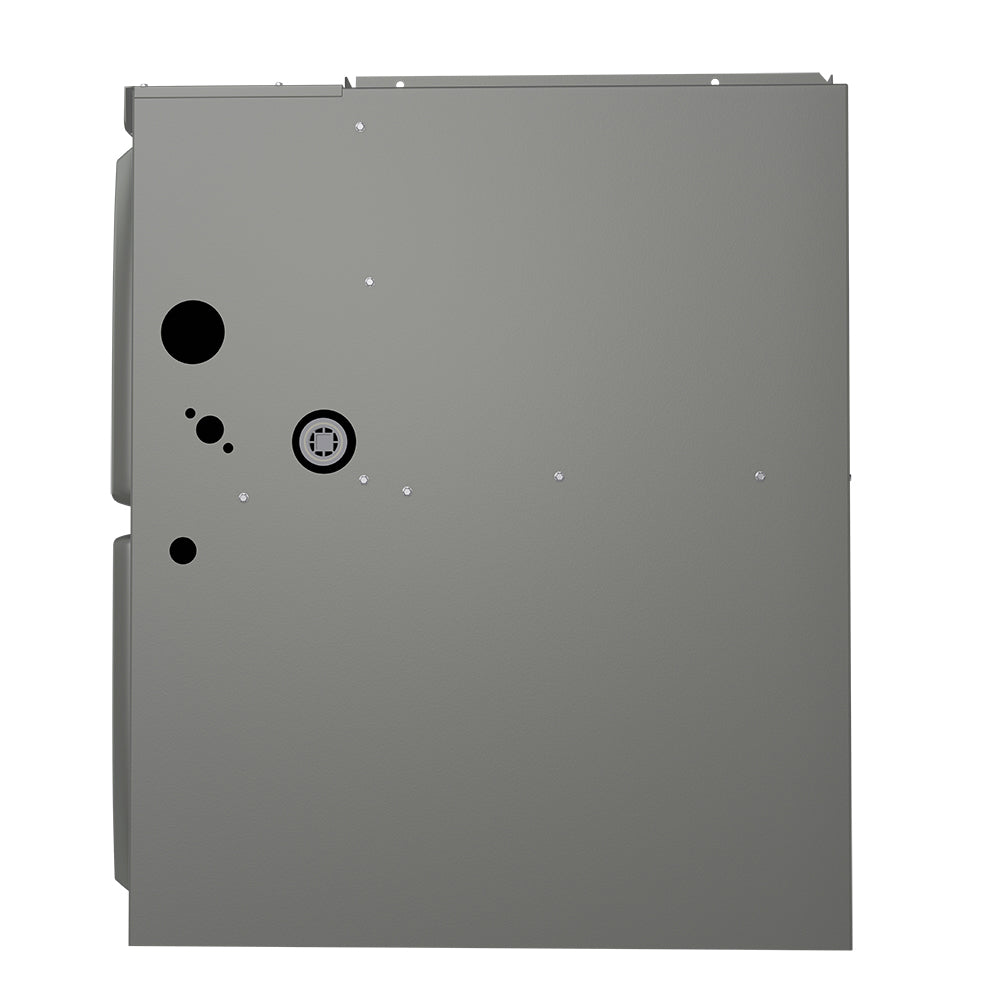 MRCOOL gas furnace rear panel with circular control gauge and vent openings, gray housing