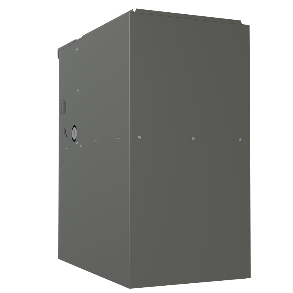 Gray gas furnace cabinet side panel with mounting holes and vent openings