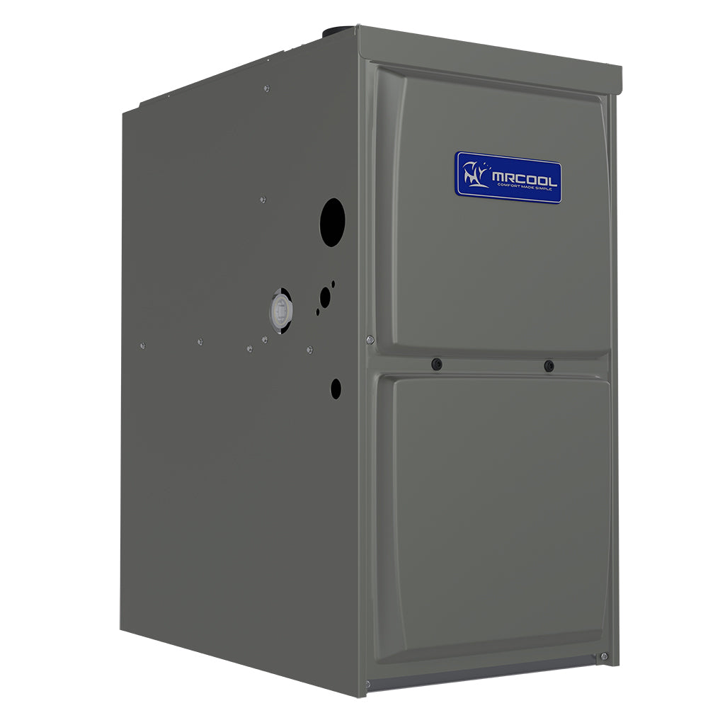 Multi-position gas furnace cabinet with MRCOOL logo, front door, and side openings