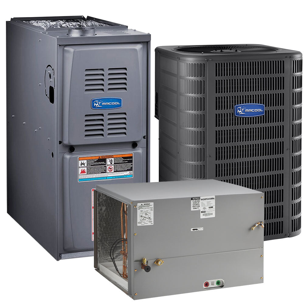 Cased evaporator coil cabinet with exposed copper lines and electrical service ports
