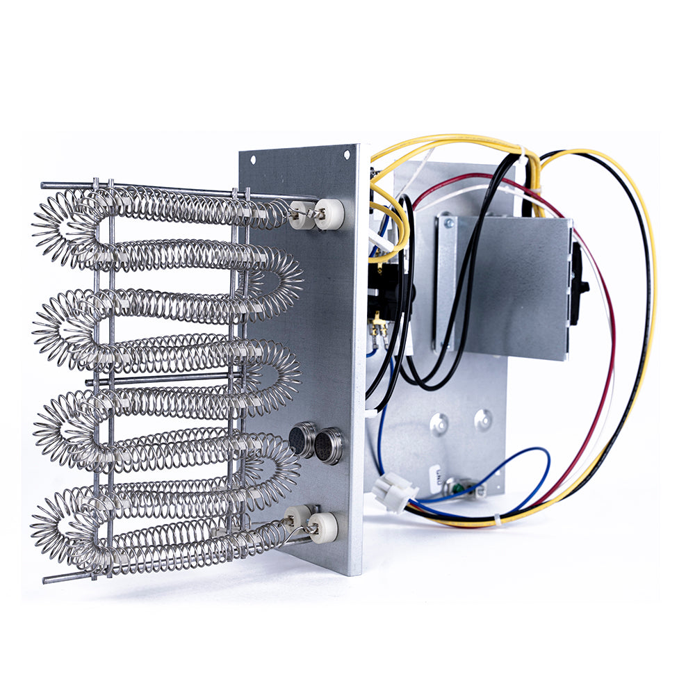 Electric heating strip module with finned coil array and wiring harness on metal plate