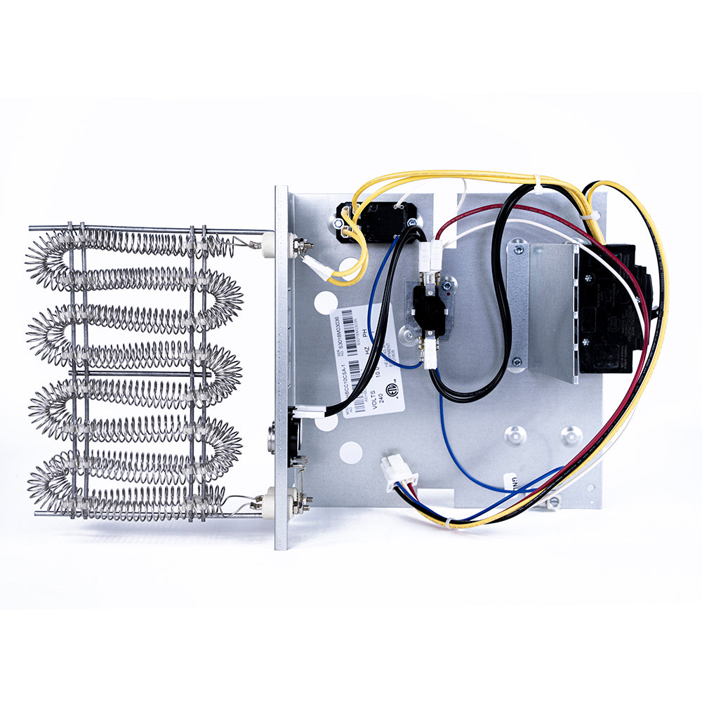 Heating strip module interior view with circuit board, relays, and multi-colored wires