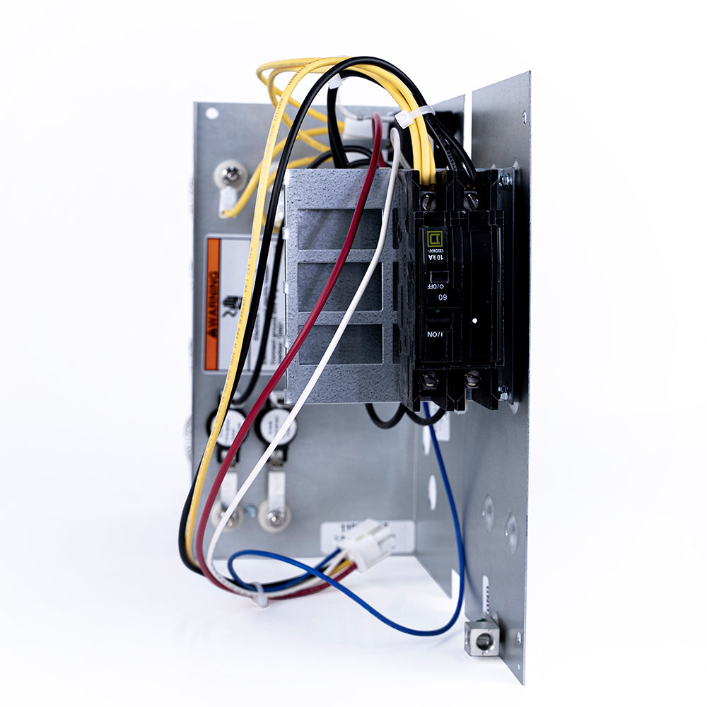Air handler heat strip control side with breaker module and bundled colored wires