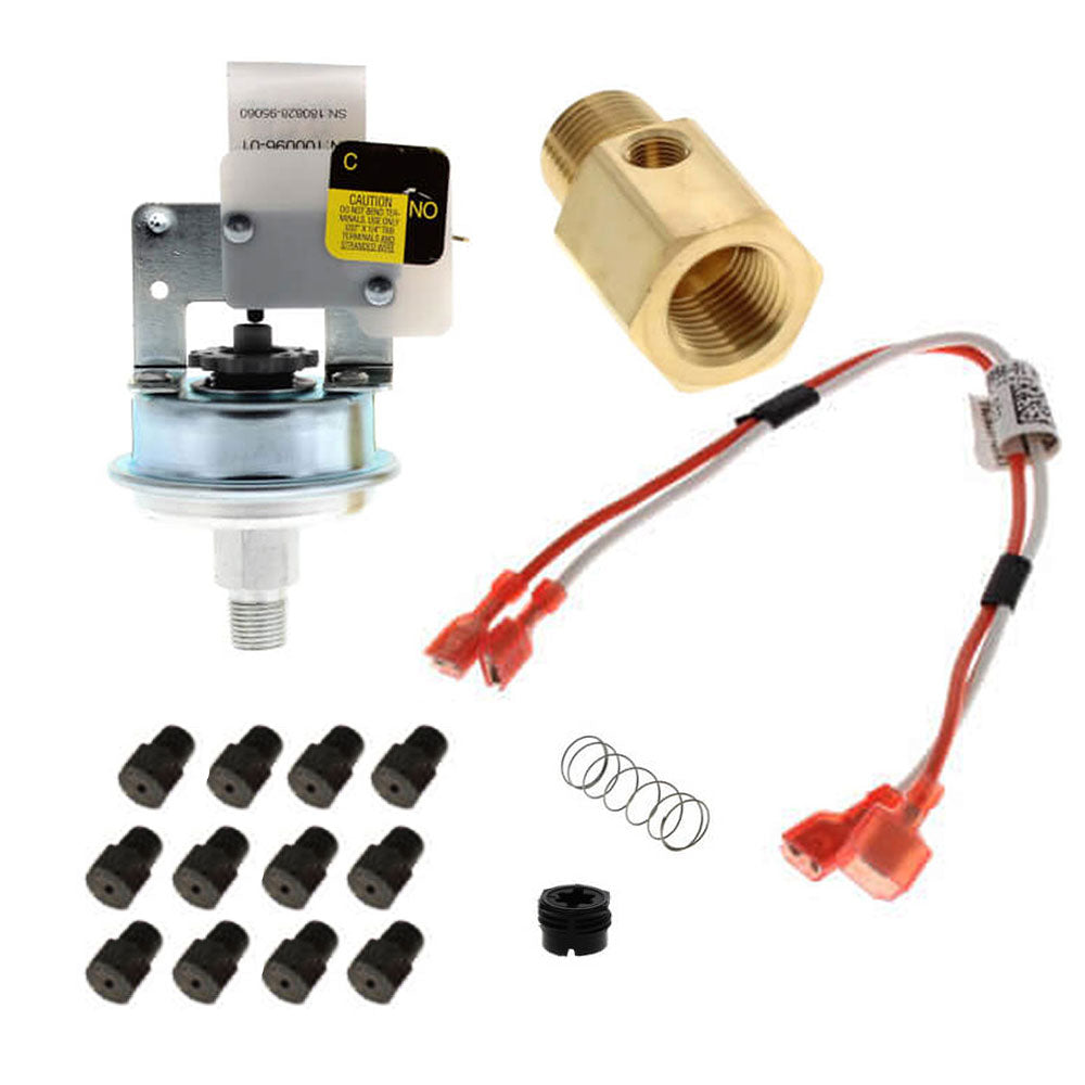 Propane conversion kit components: gas valve, brass fitting, wiring harness, connectors, screws