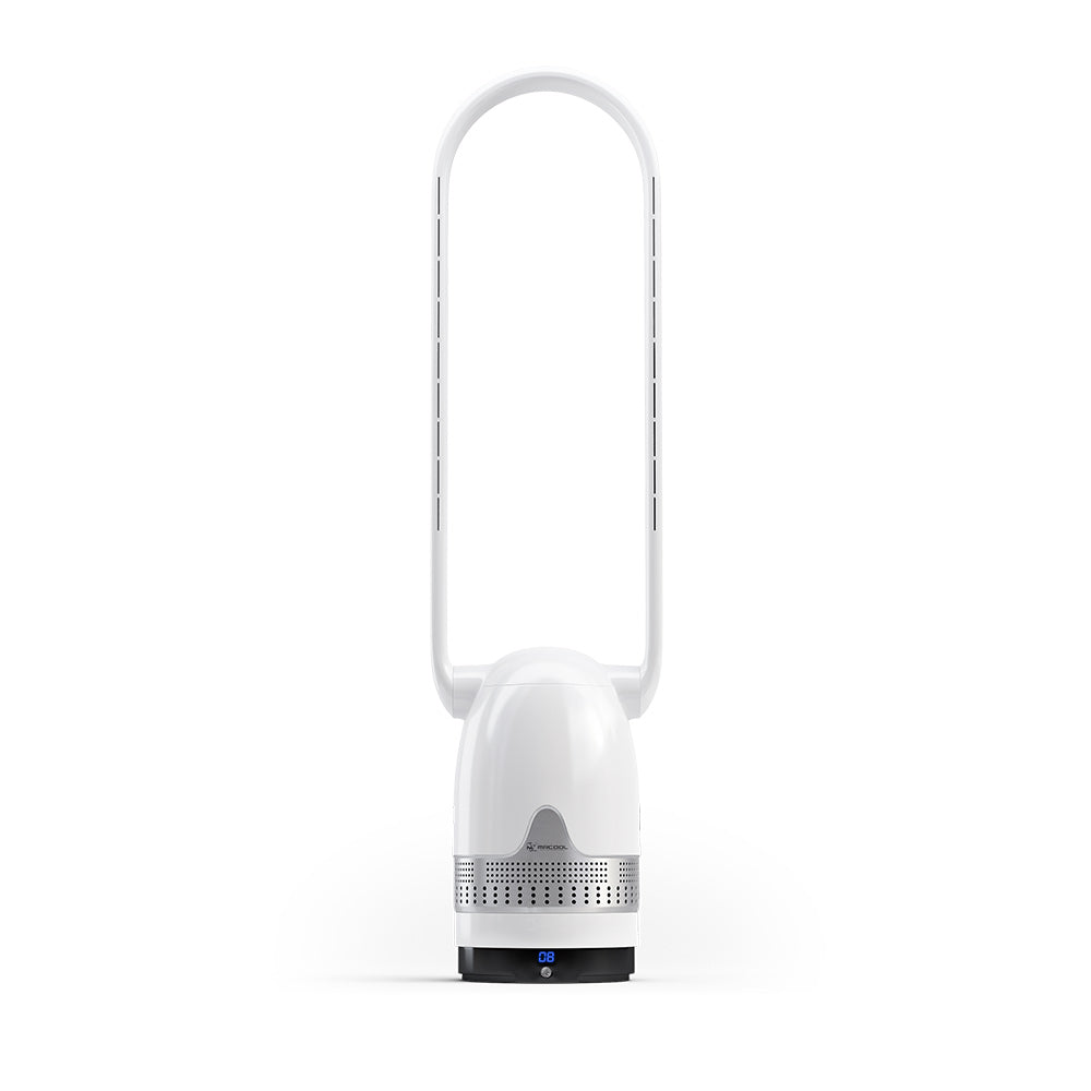 White bladeless air fan and air purifier with tall oval loop housing and vented base