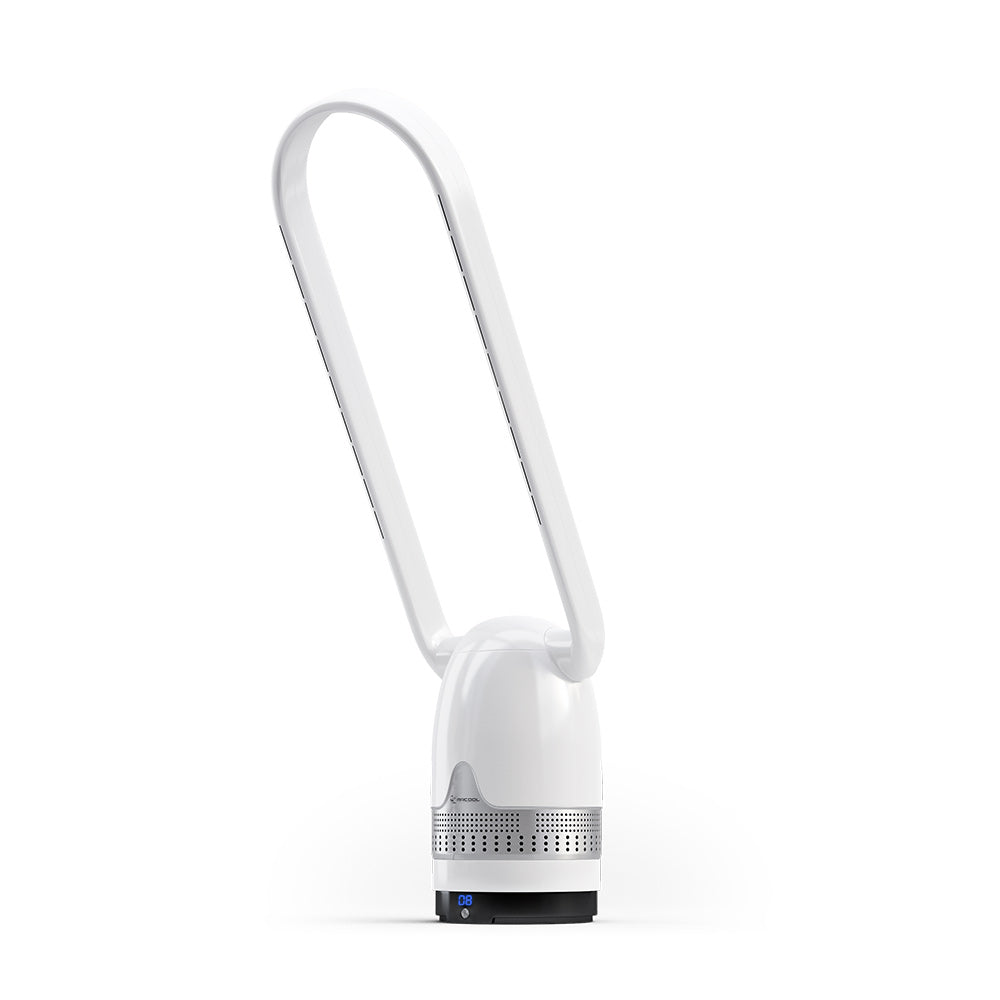 White bladeless air fan and air purifier angled view with oval airflow loop and base controls