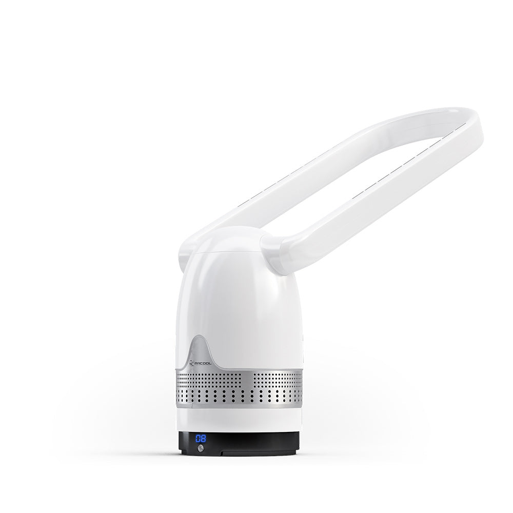 White bladeless air fan and air purifier with wide oval loop and vented intake grille at base