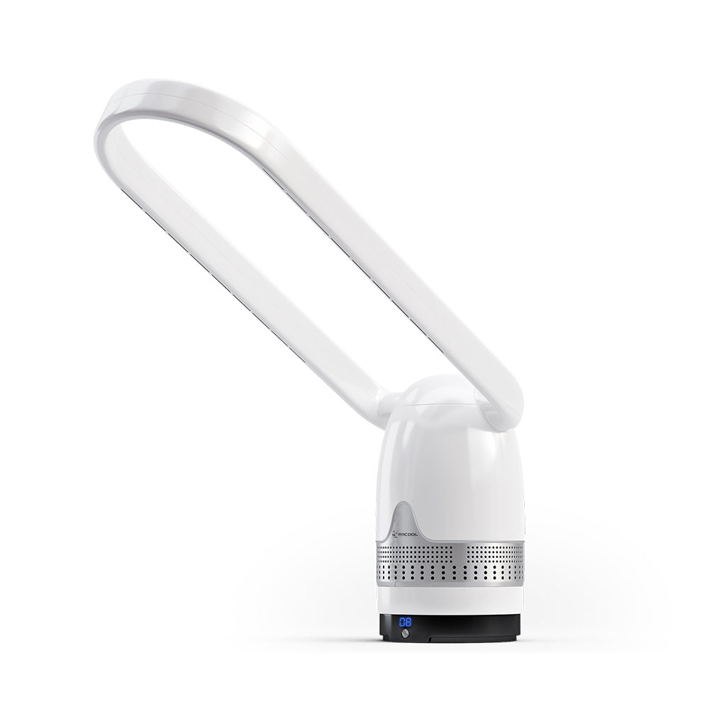 White bladeless air fan and air purifier side view showing oval loop and dark base strip