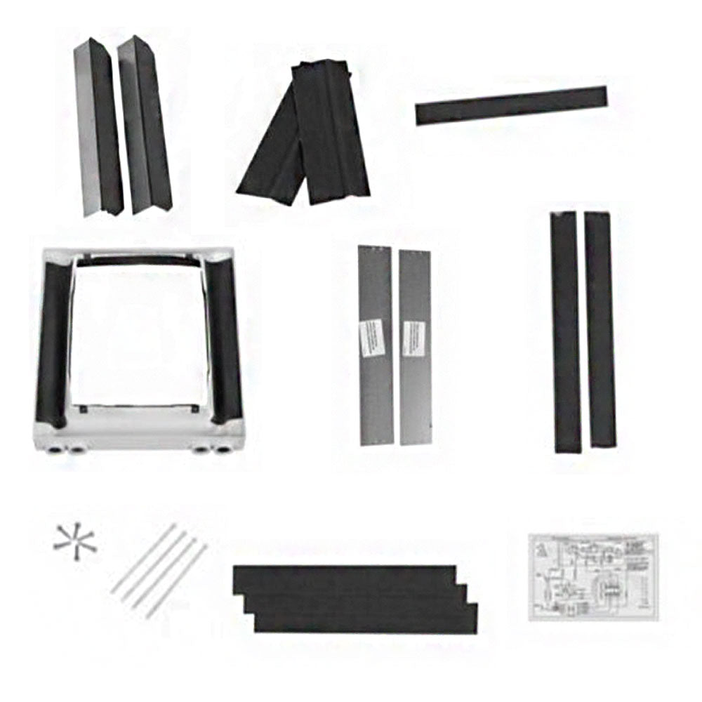 MRCOOL downflow kit parts: black side panels, frame, strips, instruction sheet and diagram