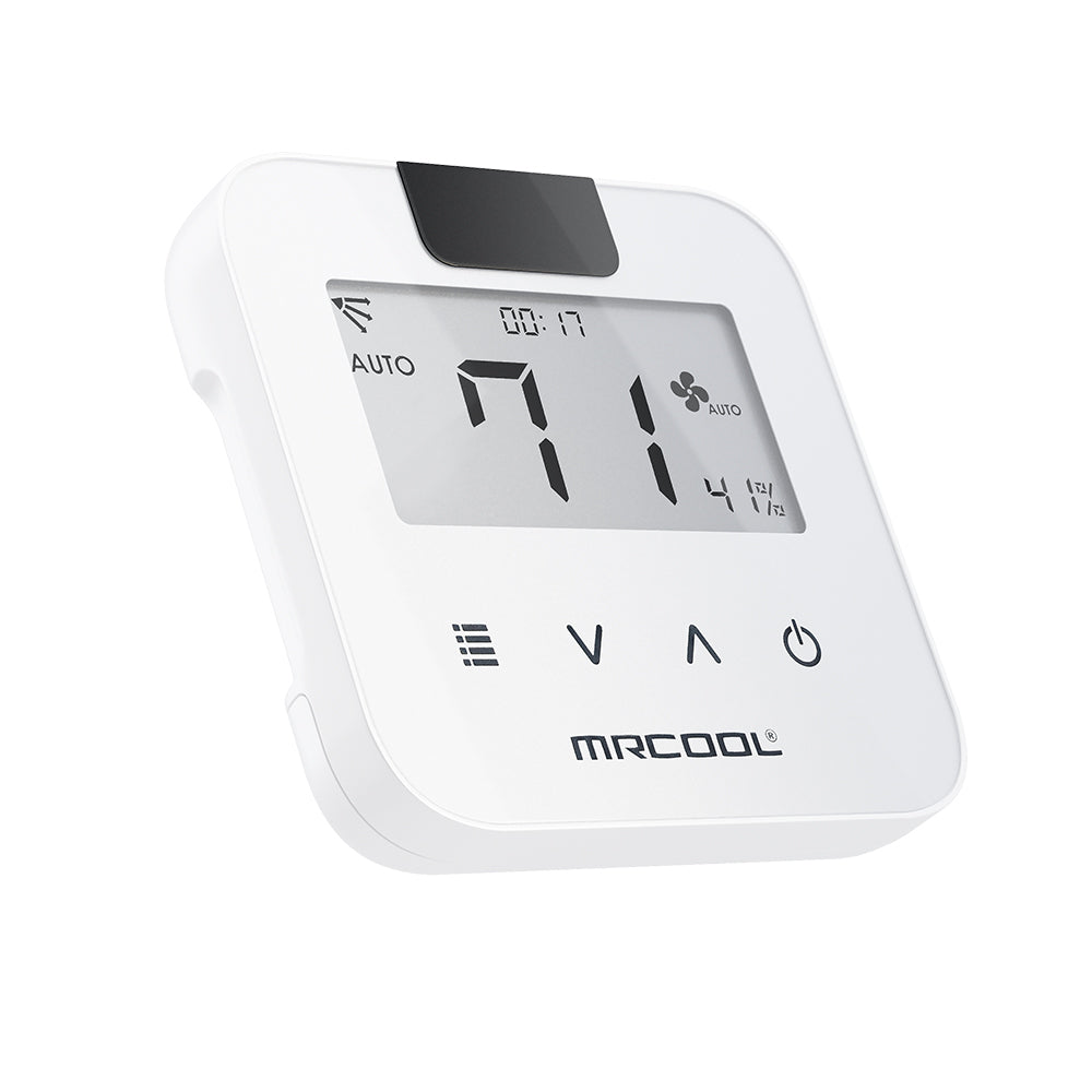 MRCOOL mini thermostat in white with digital display and control buttons