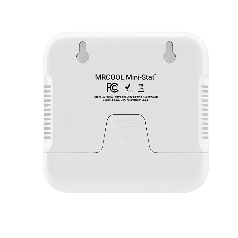 MRCOOL mini thermostat rear panel in white with model label and vent slots