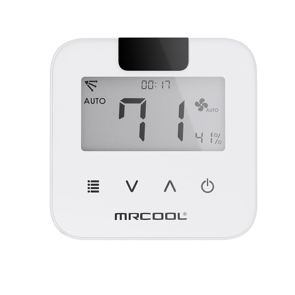 MRCOOL mini thermostat front view in white with AUTO indicators and controls
