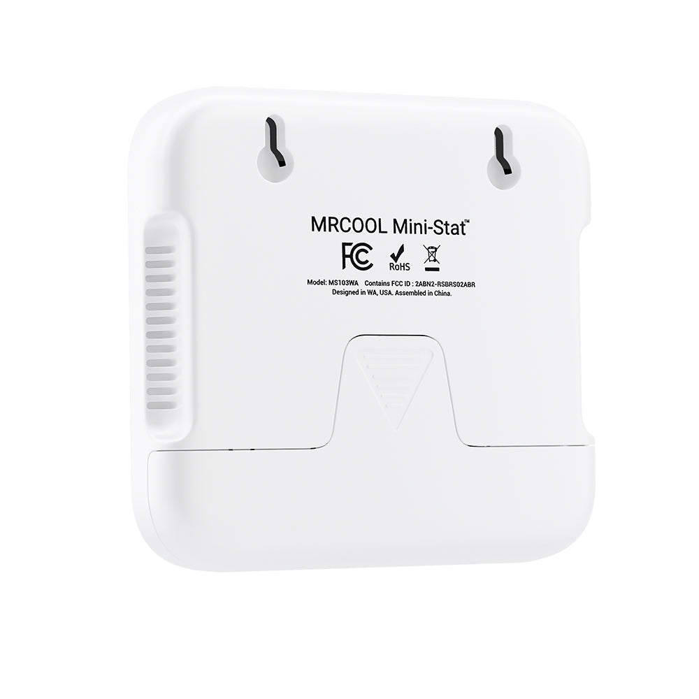 MRCOOL mini thermostat back view in white with mounting hooks and side vents
